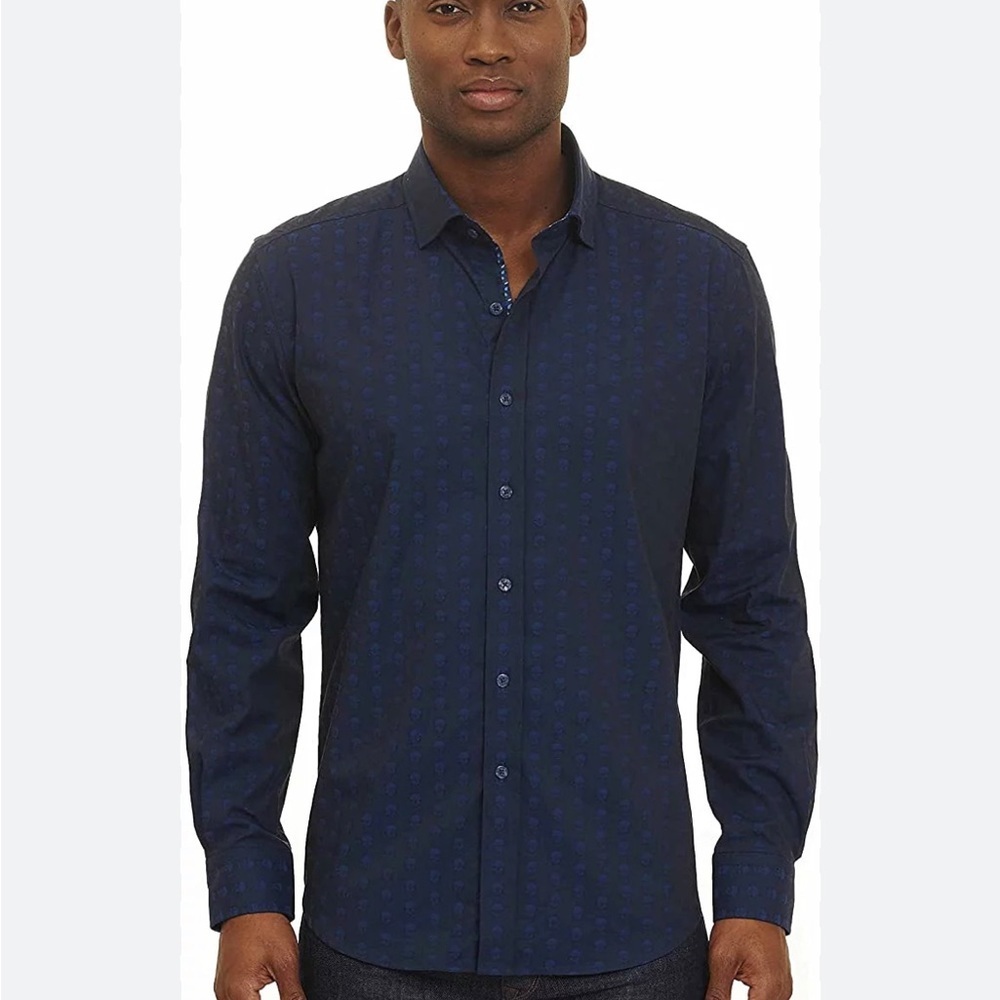 Robert Graham Deven Skull Print Button Down Shirt Navy Blue size 2XL